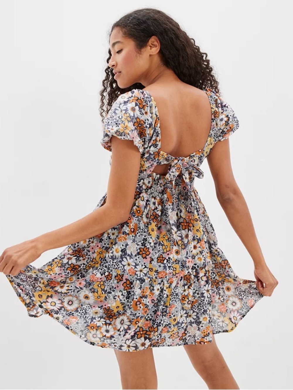 American Eagle Outfitters Floral Open-Back Mini Dress in Orange, Yellow, Black